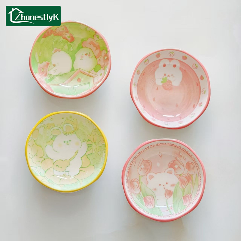 Sauce Dipping Cup - จานเซรามิกลายการ์ตูนรูปกระต่ายและนกน่ารัก 4 ชิ้น สำหรับใส่ของหวาน ซอสถั่วเหลือง ผลไม้