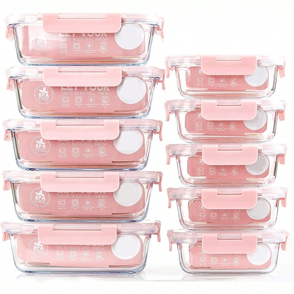 Meal Prep Kitchen - ชุดกล่องแก้วสำหรับเตรียมอาหาร 10 ชิ้น, กล่องเก็บอาหารพร้อมฝาปิดที่ปิดสนิท, กล่องอาหารกลางวันแก้ว, ใช้ได้กับไมโครเวฟ,